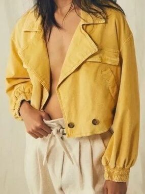 We The Free Free People Cropped Yellow Moto Corduroy Utility Jacket Size Small